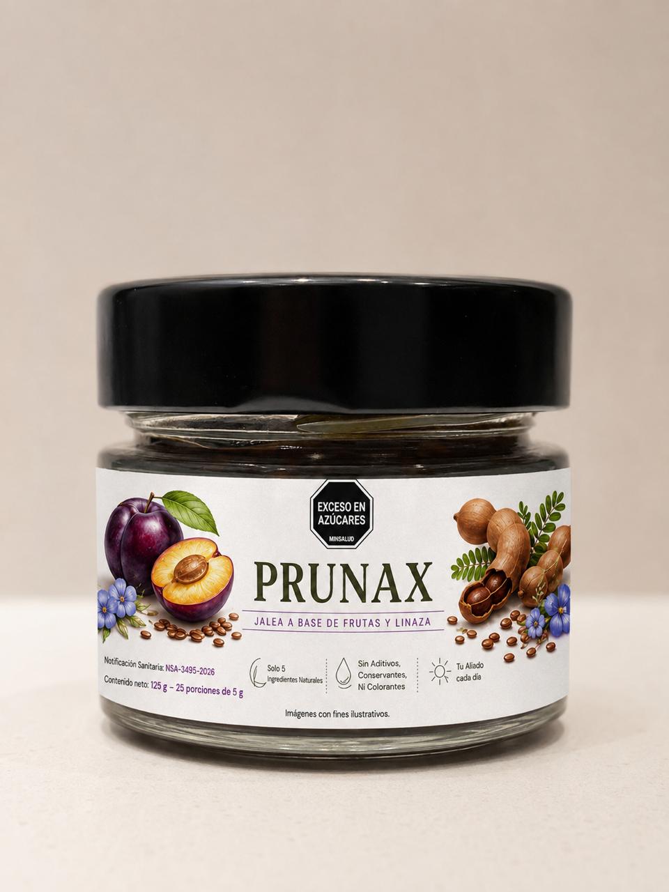 Frasco de PRUNAX Soft, alimento a base de frutas y linaza, junto a ciruela pasa, tamarindo y linaza