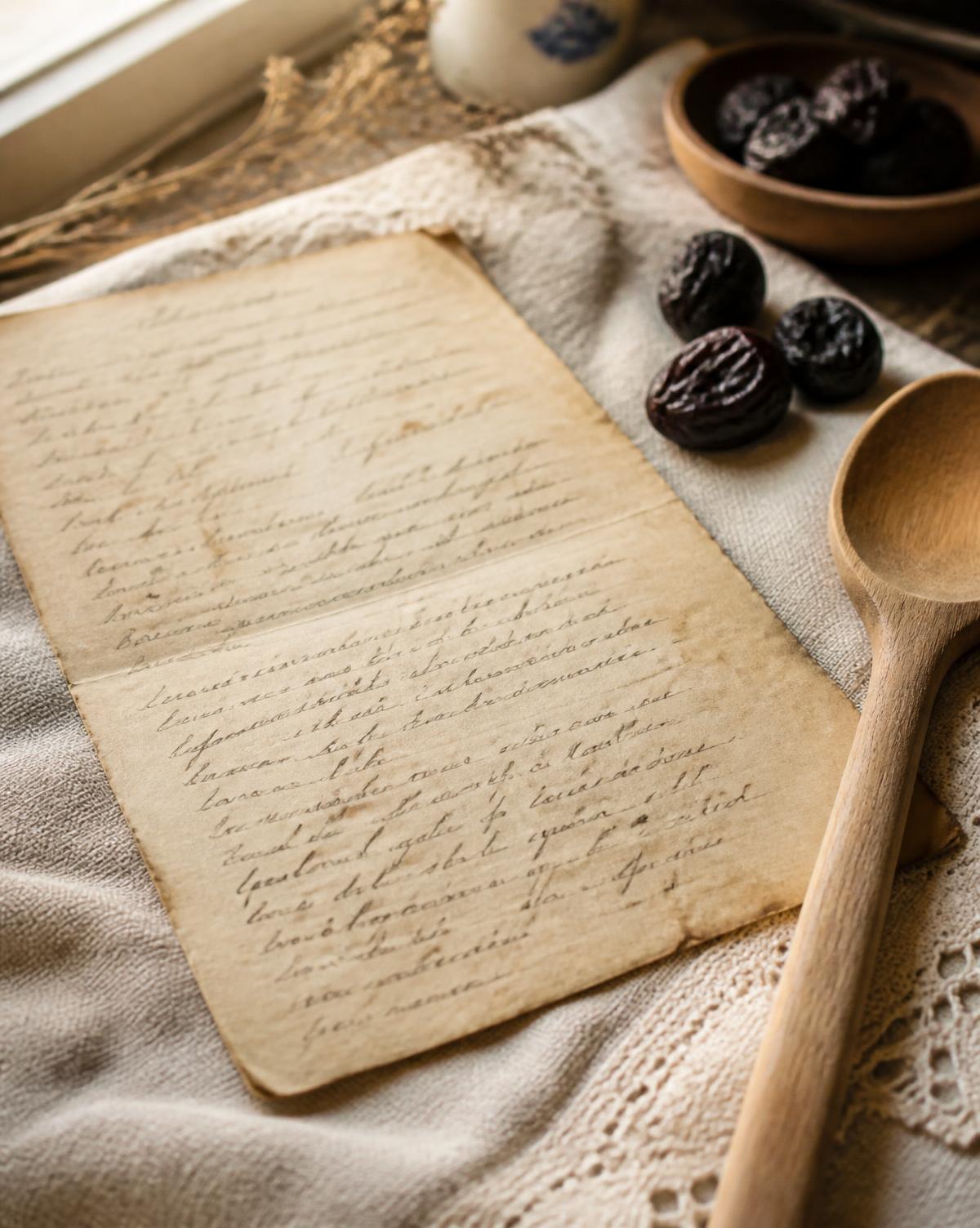Receta familiar escrita a mano sobre lino, junto a ciruelas pasas y una cuchara de madera