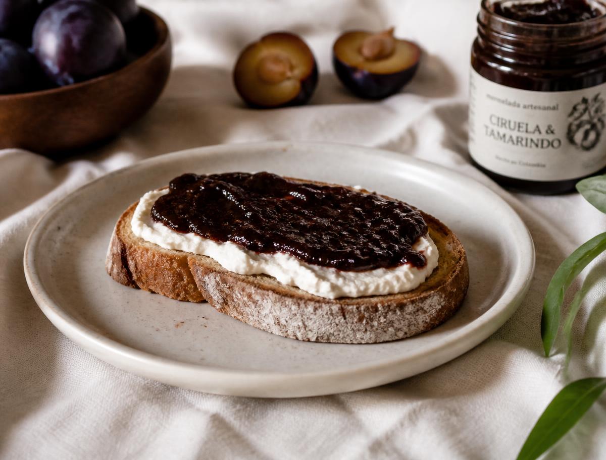 Tostada de pan artesanal con queso fresco y PRUNAX Soft