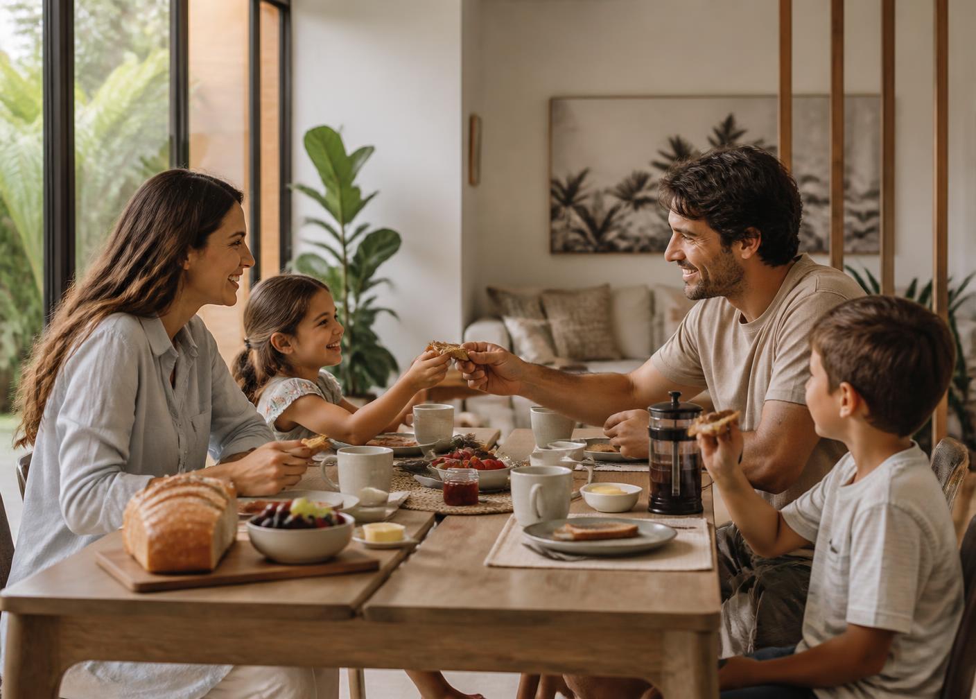 Familia compartiendo un desayuno tranquilo en casa